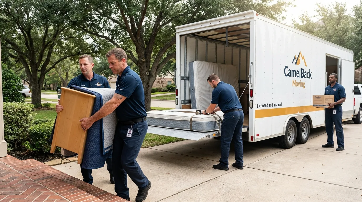 Crew loading residential truck for cross-state move from Mercedes, TX