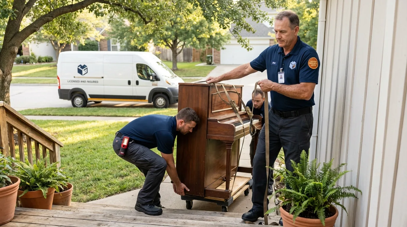 Licensed piano movers securing grand piano in Mercedes, TX