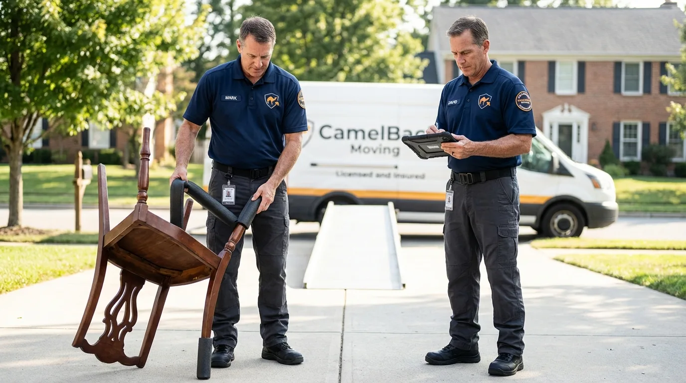 Movers inspecting furniture for damage prevention before loading in Mercedes, TX