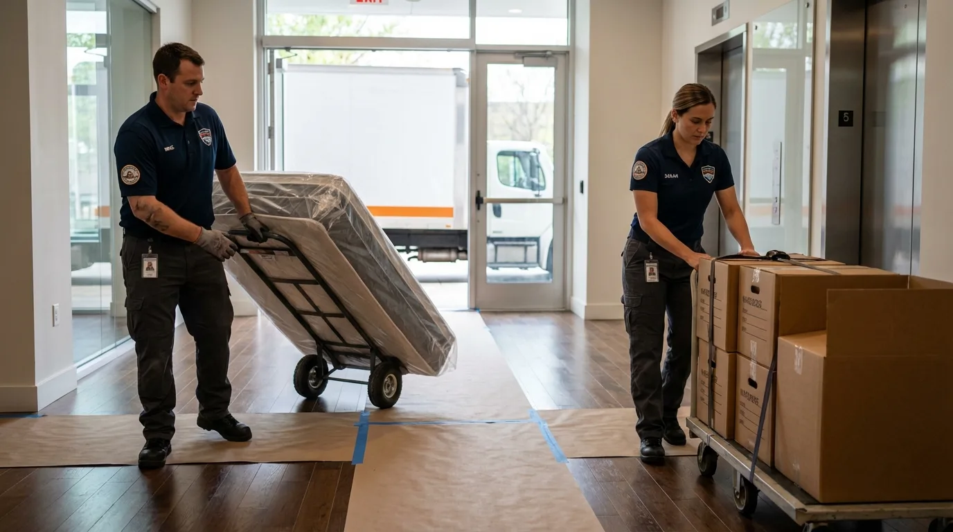 Professional apartment movers loading elevator in Mercedes, TX